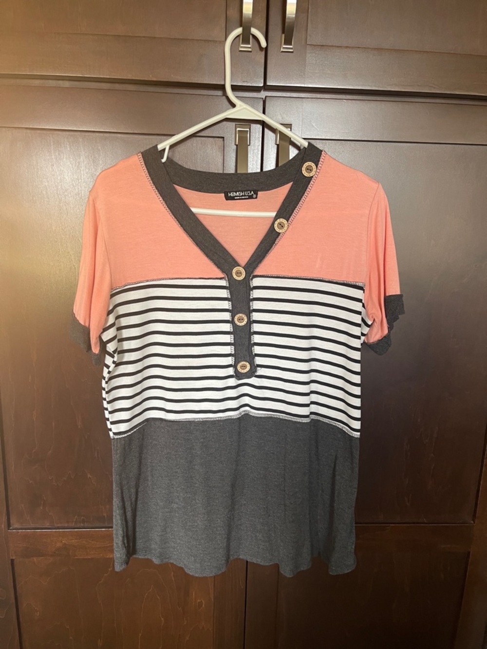 HEIMISH USA Coral, Black & White Striped V-Neck Button Tee